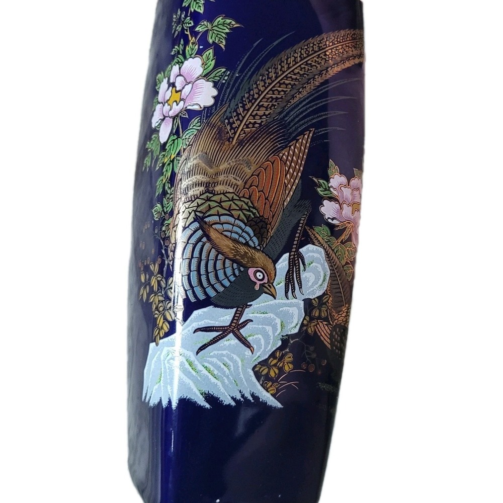 Vintage Japanese Satsuma Style Blue Square Vase with Hand-Painted Bird Signed